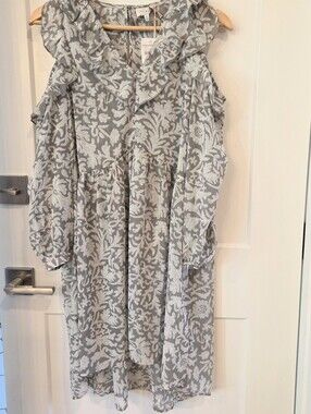 Lucky Brand Gray Floral Ruffle Dress Drop Shoulder Long Sleeve XS NWT
